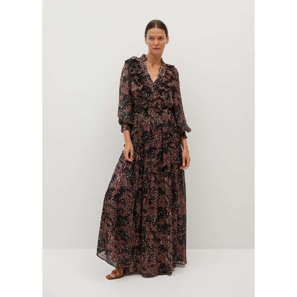 NWT MANGO Ruffled Maxi Evening Party Dress Sz. 4 / Small Paisley Gold Shimmer